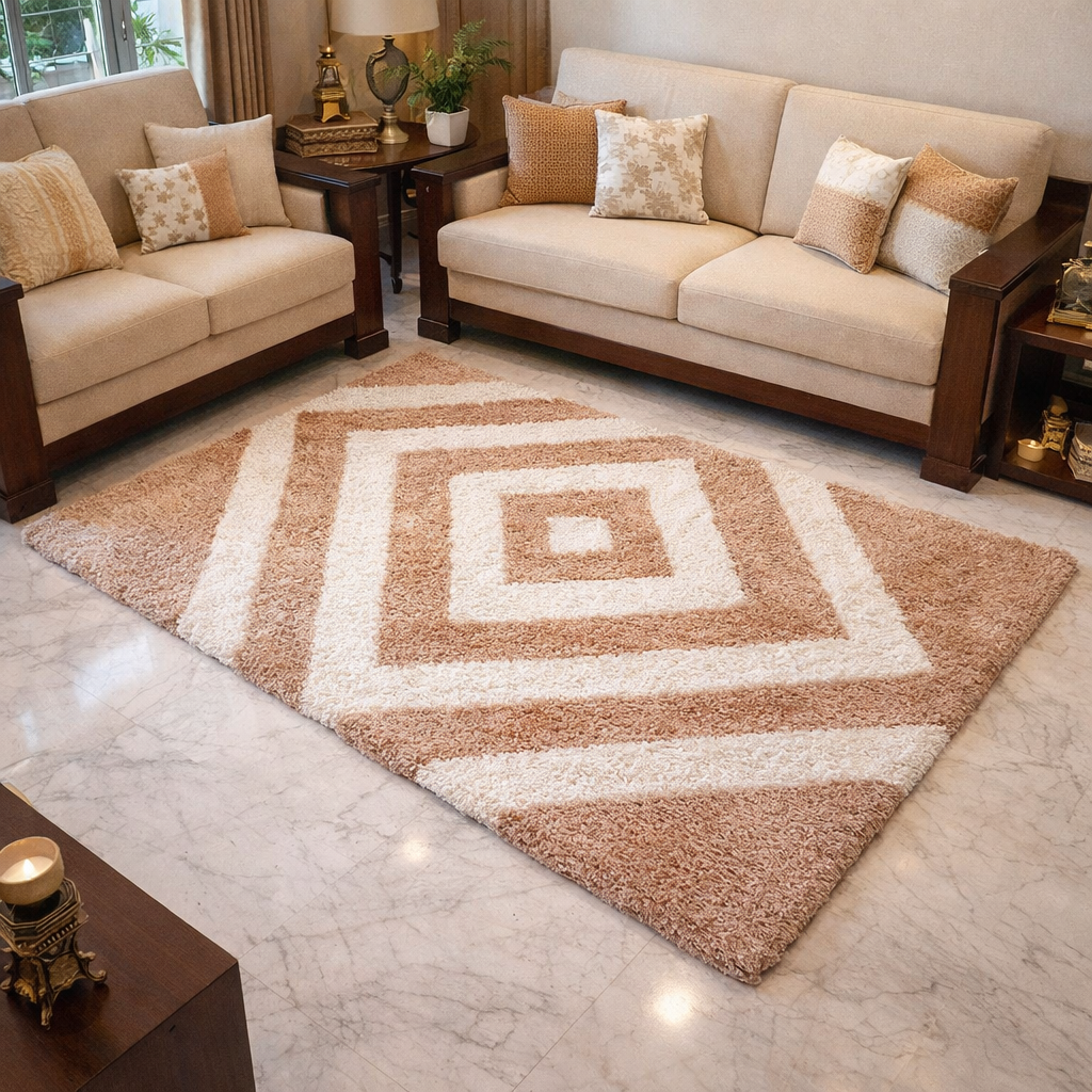 Avioni Home Atlas Collection - Moroccan Style Microfiber Carpet In Beige and White | Soft, Non-Slip, Easy to Clean