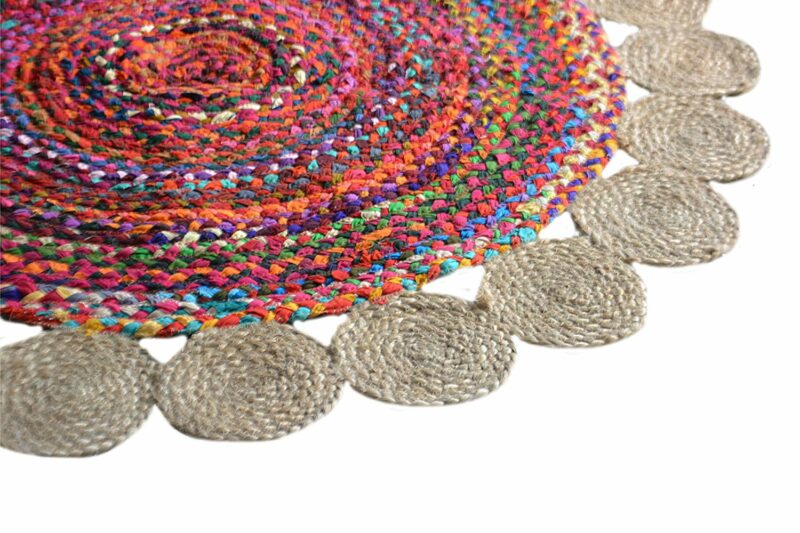 Jute With Chindi Floral Mat – Natural Rugs – Braided Area Rug – – Handmade – 120cm (~4 feet) Round – Avioni Premium Eco Collection