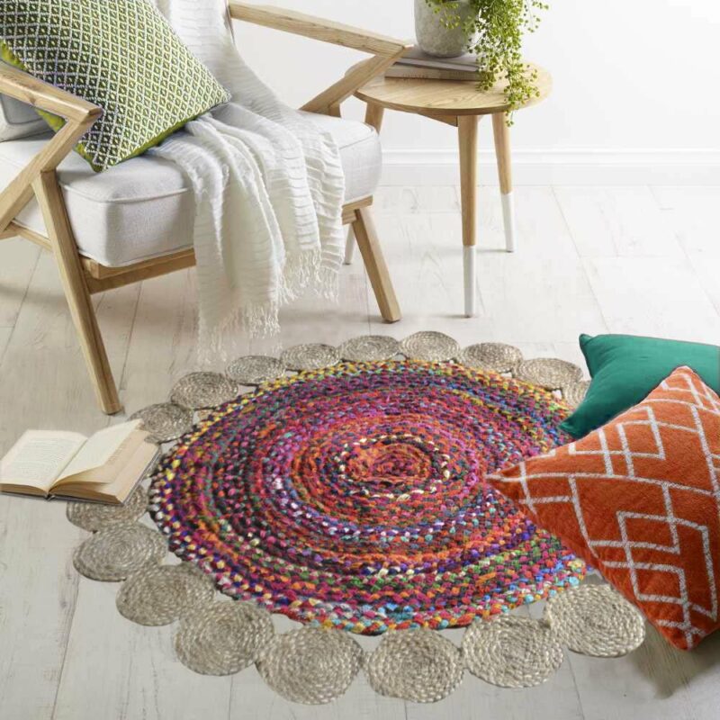 Jute With Chindi Floral Mat – Natural Rugs – Braided Area Rug – – Handmade – 120cm (~4 feet) Round – Avioni Premium Eco Collection