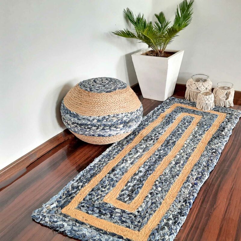 Braided Rug in Ecofriendly Recycled Denim And Jute Mix – Colorful Contemporary Design – Perfect for Hallway or Bedside – 55cm x 137cm (~22″ x 55″) – Avioni