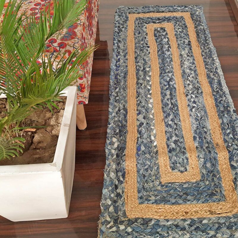 Braided Rug in Ecofriendly Recycled Denim And Jute Mix – Colorful Contemporary Design – Perfect for Hallway or Bedside – 55cm x 137cm (~22″ x 55″) – Avioni