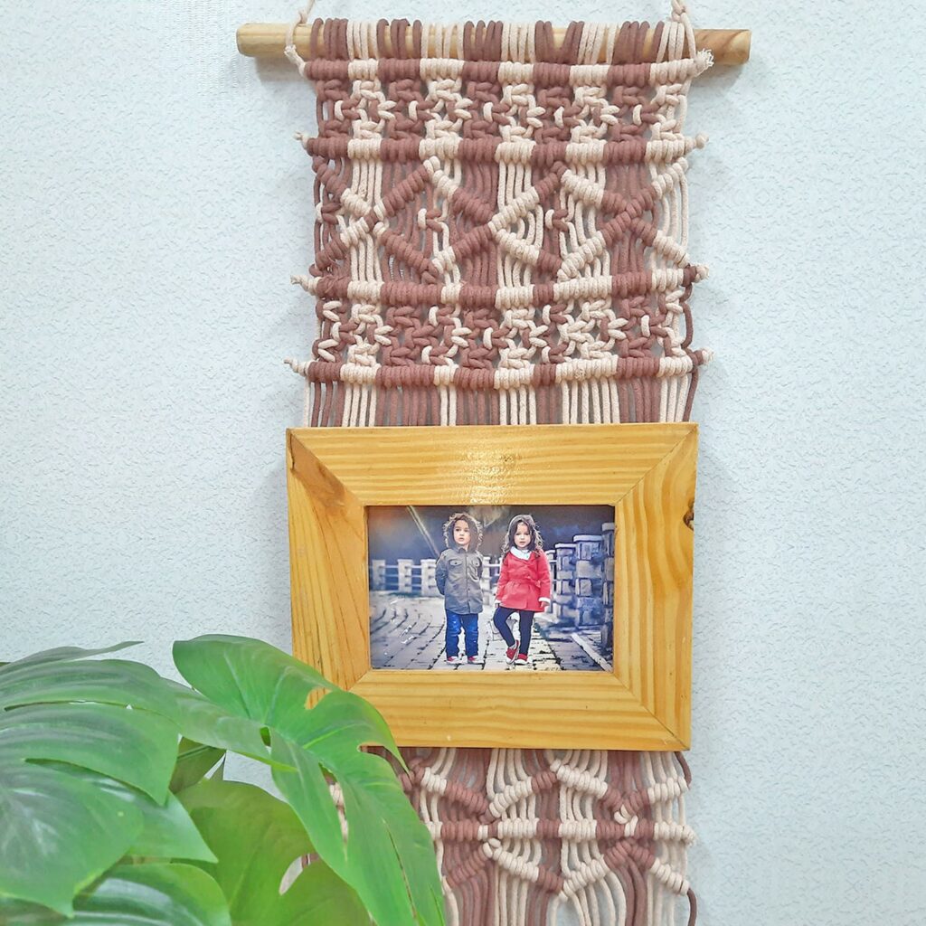 Avioni Home Boho Collection – Beautifully Hand Knotted Coloured Macrame Hanging With-21×25 Cms (8×10 Inch) Pine wood