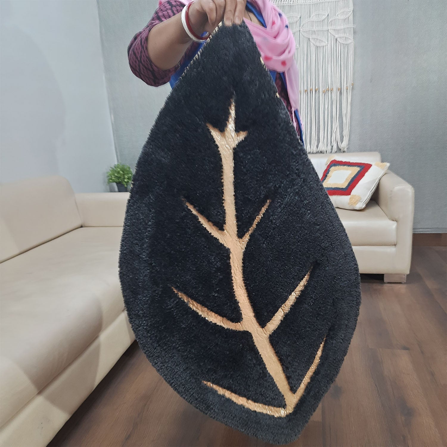Avioni Divine Collection | Luxury Golden/Silver Touch Tufted Rug In Beautiful Leaf  Shaped Soft And Plush Handmade Door Mats | Pooja Mats | BathMats -45 cms x 75 cms