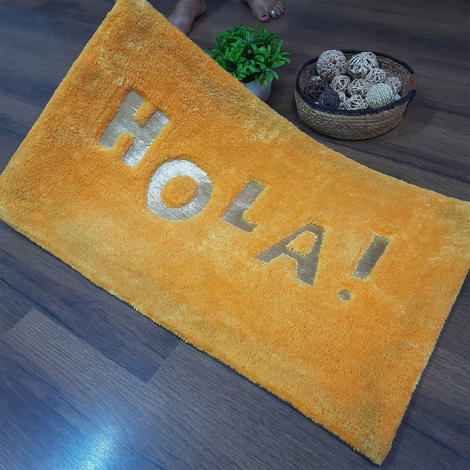 Avioni Divine Collection | Luxury Golden Touch Tufted Rug In "HOLA" (Spanish Greeting) Soft And Plush Handmade Door Mats | Pooja Mats | BathMats -45 cmsx 75 cms