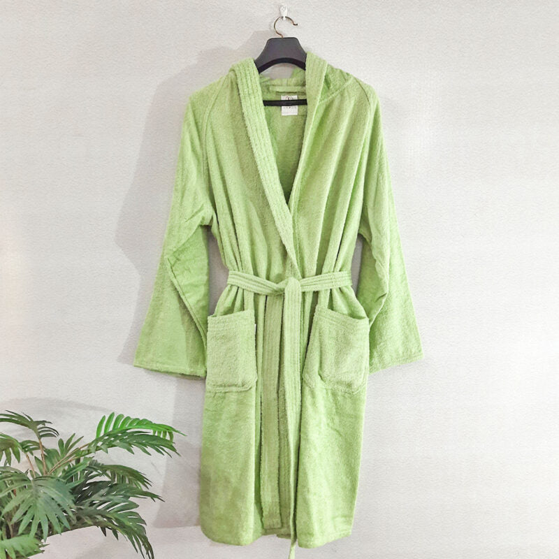 Loomkart Very Fine Export Quality Bath Robes in Green With Hood in Avioni Zip-Packing Unisex
