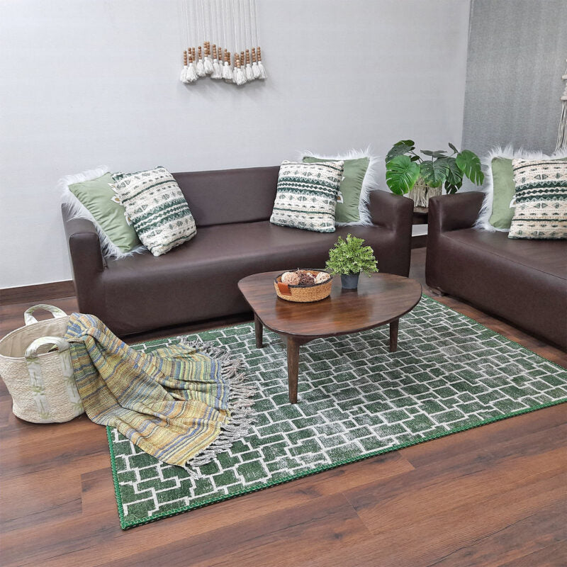 Avioni Faux Silk Rug for Living Room | Luxurious, Durable and Washable | Calming Green Collection