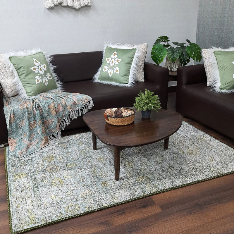 Avioni Faux Silk Rug for Living Room | Luxurious Abstract Persian Design | Durable and Washable | Calming Green Collection