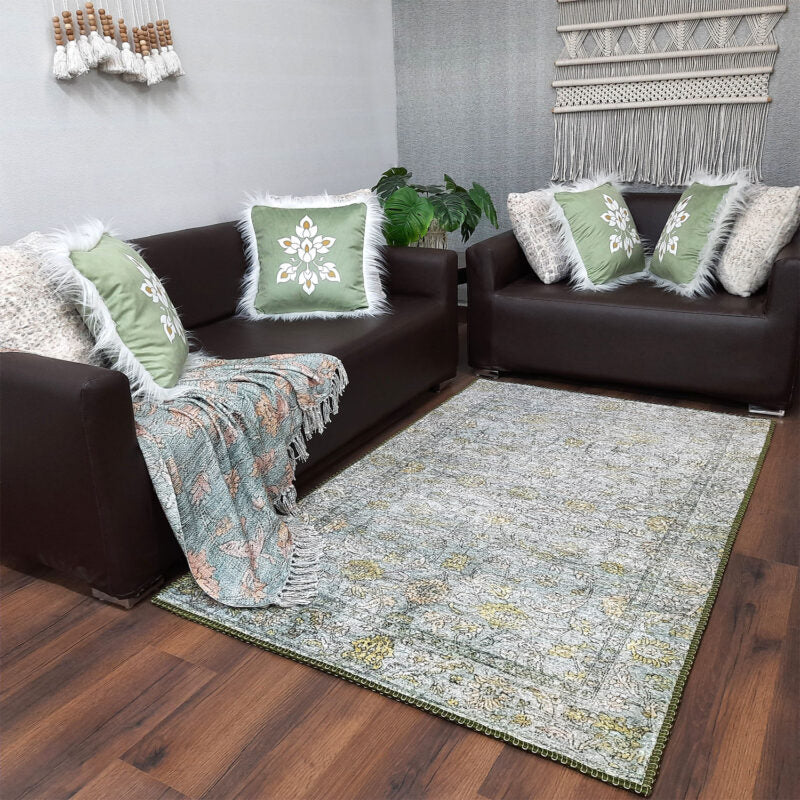 Avioni Faux Silk Rug for Living Room | Luxurious Abstract Persian Design | Durable and Washable | Calming Green Collection