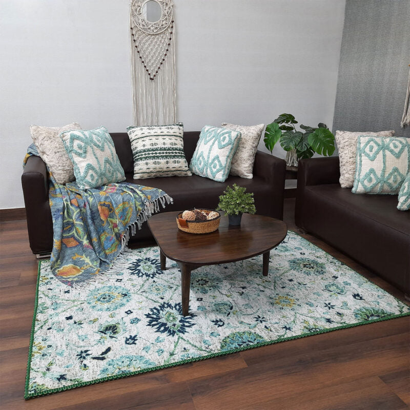 Avioni’s Faux Silk Rug for a Luxurious and Elegant Living Room | Calming Green Collection