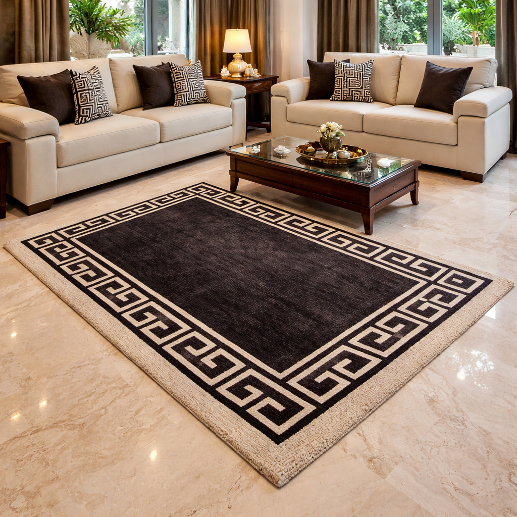 Avioni Luxury Collection- Plush Luxury Coffee and Beige Carpet with Greek Border Design -Different Sizes- Carpet for Living Room