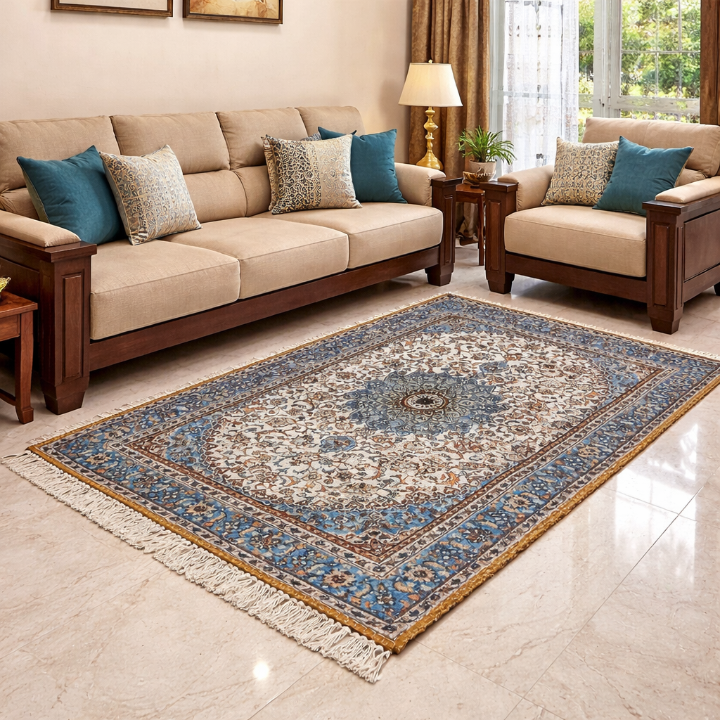Silk Carpet Persian Design Collection Light Blue Beige – Living Room R –  Loomkart