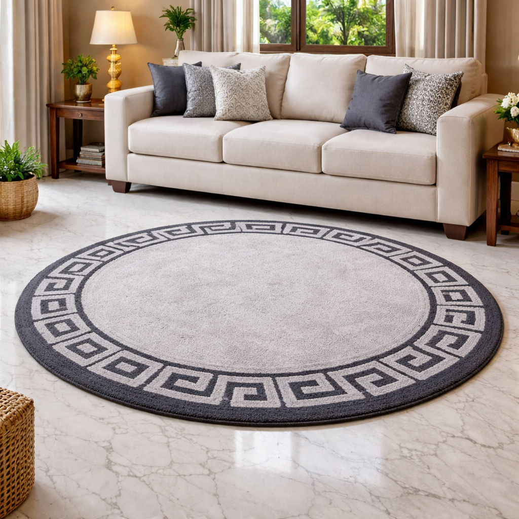 Avioni Home Atlas Collection - Greek Style Microfiber Round Carpet In Light and Dark Grey | Soft, Non-Slip, Easy to Clean