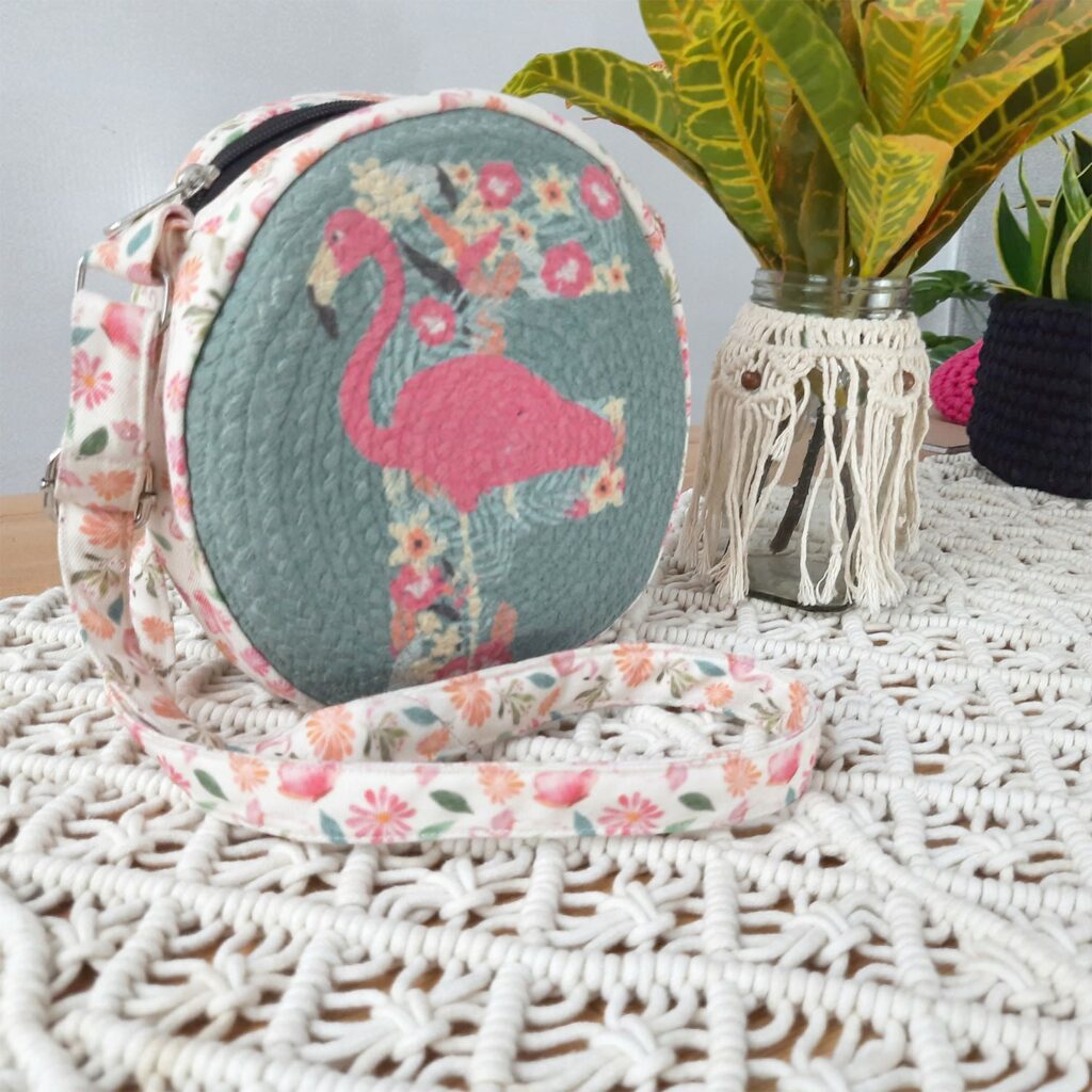 Premium Sling Bag for Women, Avioni Fashion Shoulder Bag, Bohemian Style-Flamingo , Braided Sides Round Sling Bag, Perfect For Gifts and Traveling-25 cms Diameter