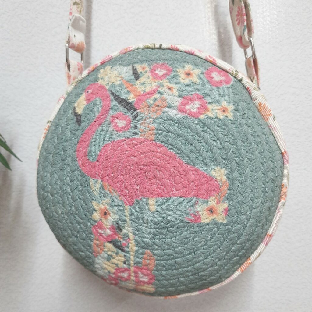 Premium Sling Bag for Women, Avioni Fashion Shoulder Bag, Bohemian Style-Flamingo , Braided Sides Round Sling Bag, Perfect For Gifts and Traveling-25 cms Diameter