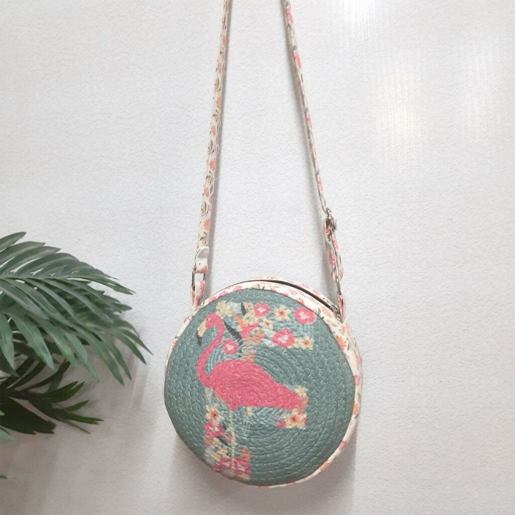 Premium Sling Bag for Women, Avioni Fashion Shoulder Bag, Bohemian Style-Flamingo , Braided Sides Round Sling Bag, Perfect For Gifts and Traveling-25 cms Diameter