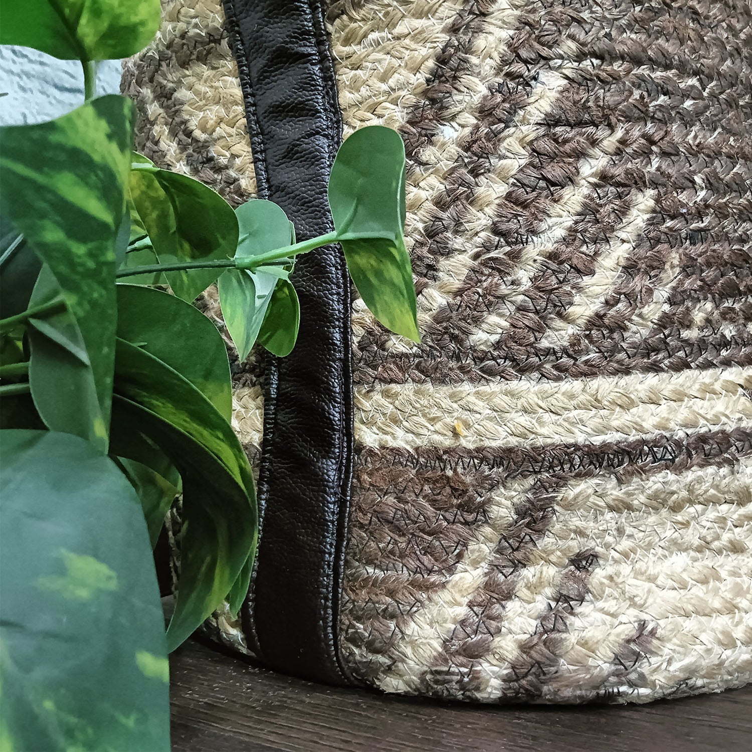 Avioni Home Hand Braided Dark Ethnic Pattern Jute Basket | Designer Leatherette Handles | Canvas Inner for Extra Strength | Size: 28 x30 cms (~11×12 inch)