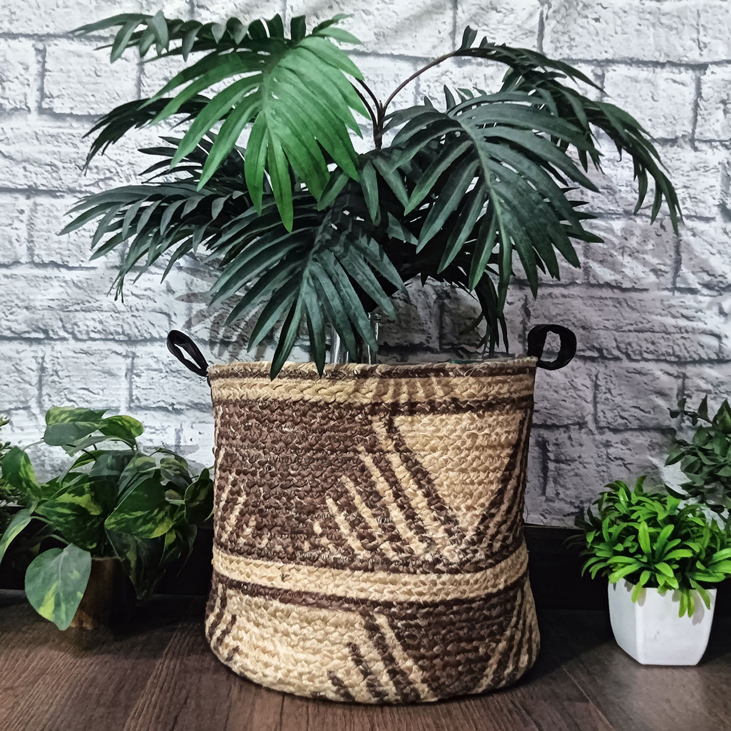 Avioni Home Hand Braided Dark Ethnic Pattern Jute Basket | Designer Leatherette Handles | Canvas Inner for Extra Strength | Size: 28 x30 cms (~11×12 inch)