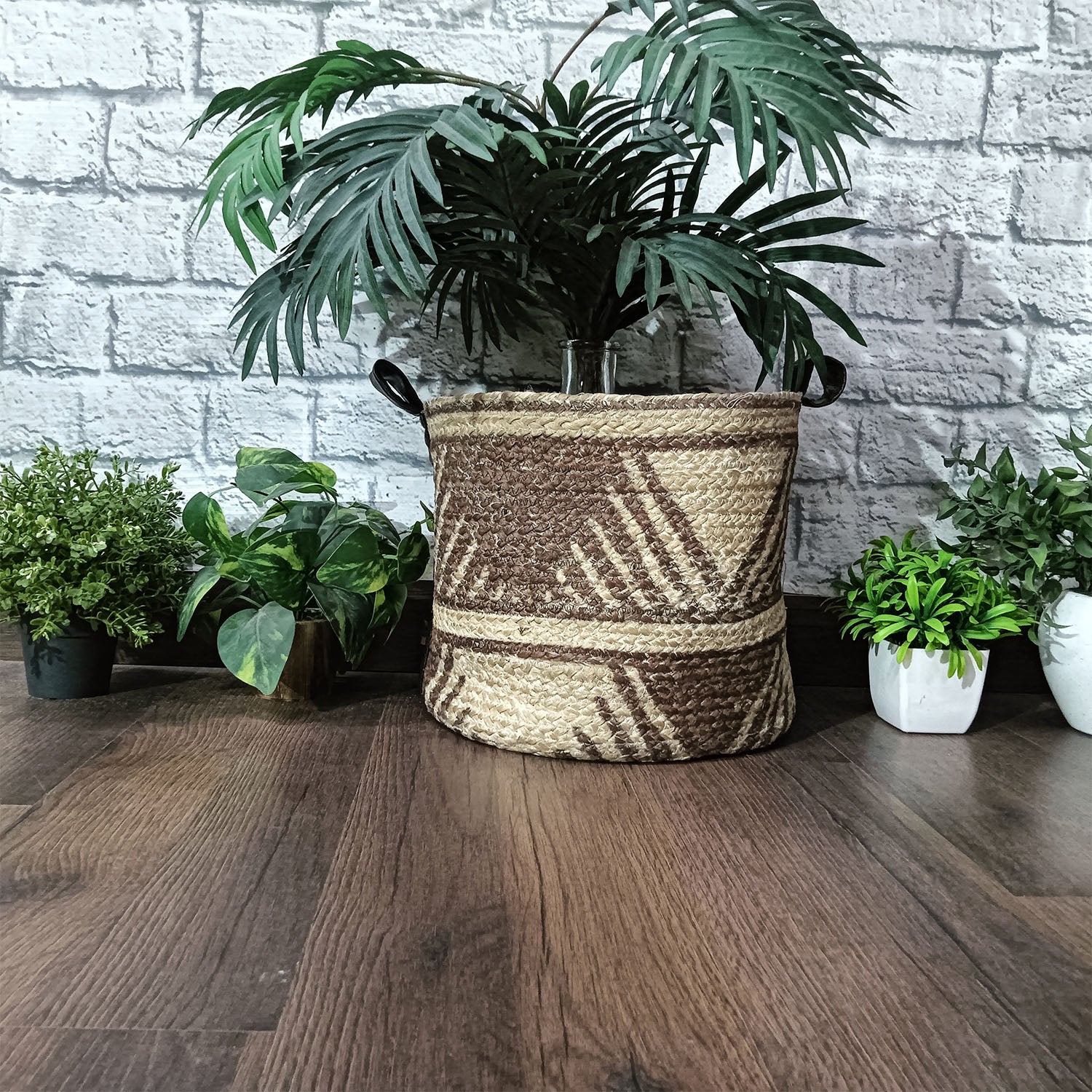 Avioni Home Hand Braided Dark Ethnic Pattern Jute Basket | Designer Leatherette Handles | Canvas Inner for Extra Strength | Size: 28 x30 cms (~11×12 inch)