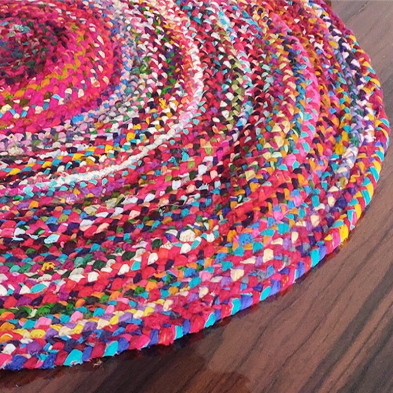 Rag Rug in Colorful Chindi – Braided – Contemporary Colorful Design – Reversible -105 cm (~3.5 feet) Round – Avioni Premium Eco Collection – Best Seller00