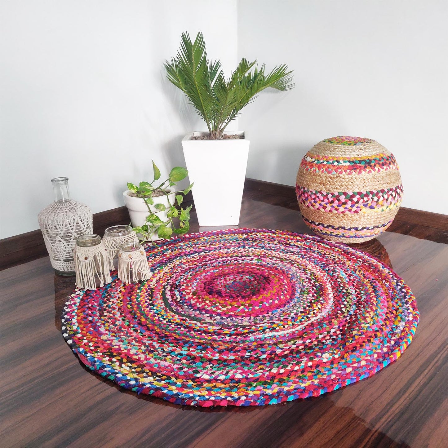 Rag Rug in Colorful Chindi – Braided – Contemporary Colorful Design – Reversible -105 cm (~3.5 feet) Round – Avioni Premium Eco Collection – Best Seller00