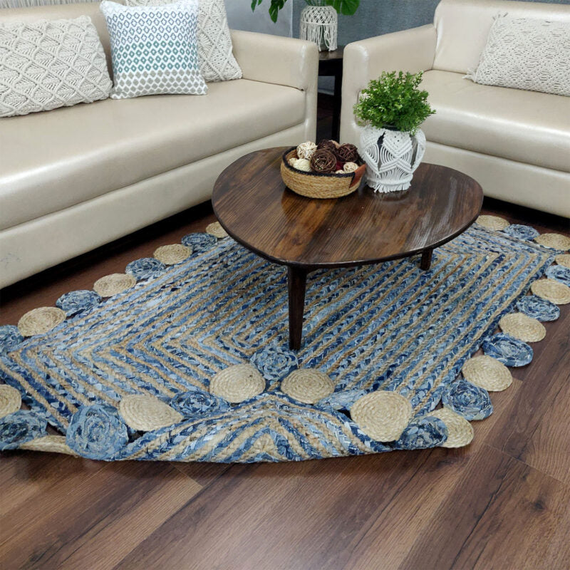 Denim/Jeans With Jute Handmade Braided Rugs with Round Circles Border | Blue Denim Area Rug| Avioni- Premium Collection