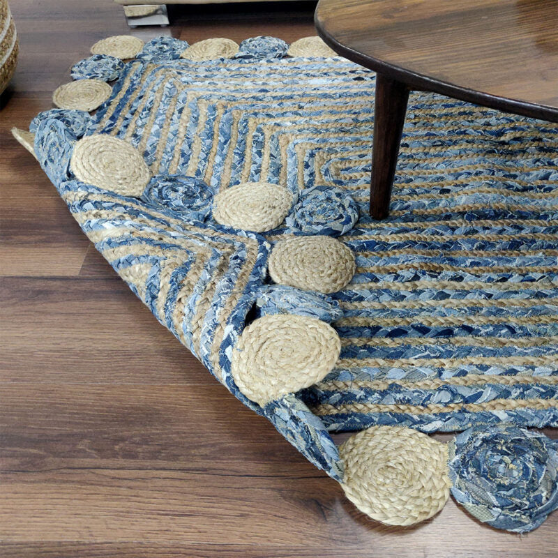 Denim/Jeans With Jute Handmade Braided Rugs with Round Circles Border | Blue Denim Area Rug| Avioni- Premium Collection