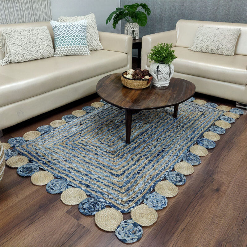 Colorful Denim Rug Denim/Jeans With Jute Handmade Braided Rugs with Round Circles Border ...