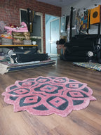 Avioni Home Rangoli Design Micro Yarn Round Carpet In Pink/Wine & Black| Soft, Non-Slip, Easy to Clean