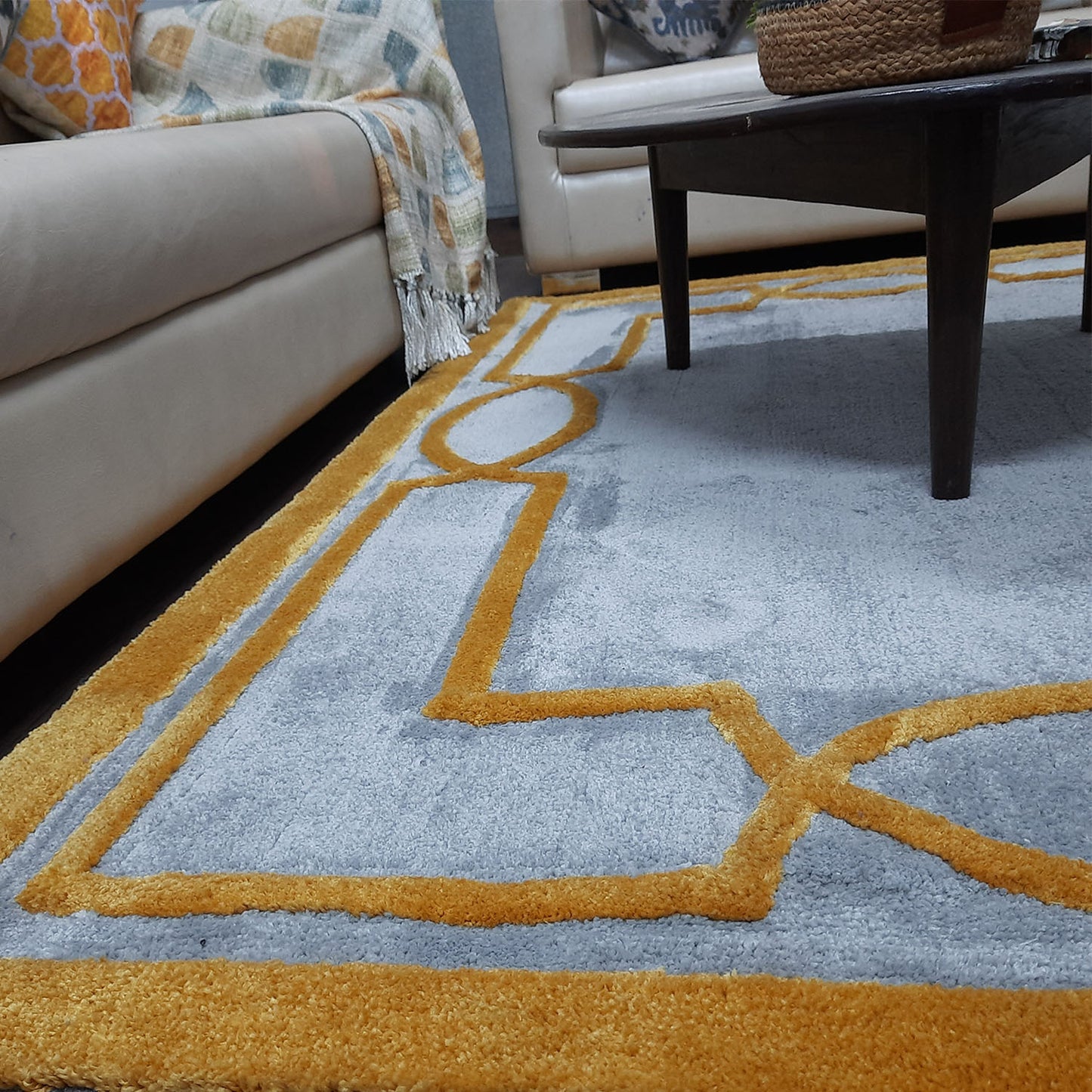 Avioni Luxury Collection- Plush Luxury Grey and Yellow Tone Carpet with 3d Traditional Design -Different Sizes Shaggy Fluffy Rugs and Carpet for Living Room
