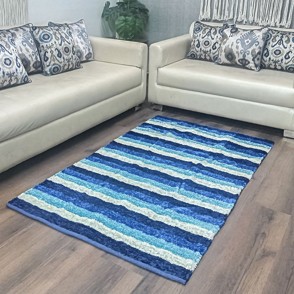 Avioni Handloom Cut Shuttle Rugs by Master Artisans | Feather like Luxurious Silk Soft Touch | Home Washable | Stripes in Shades of Blue and White | Reversible - 3 feet x 5 feet (~90 cm x 150 cm)