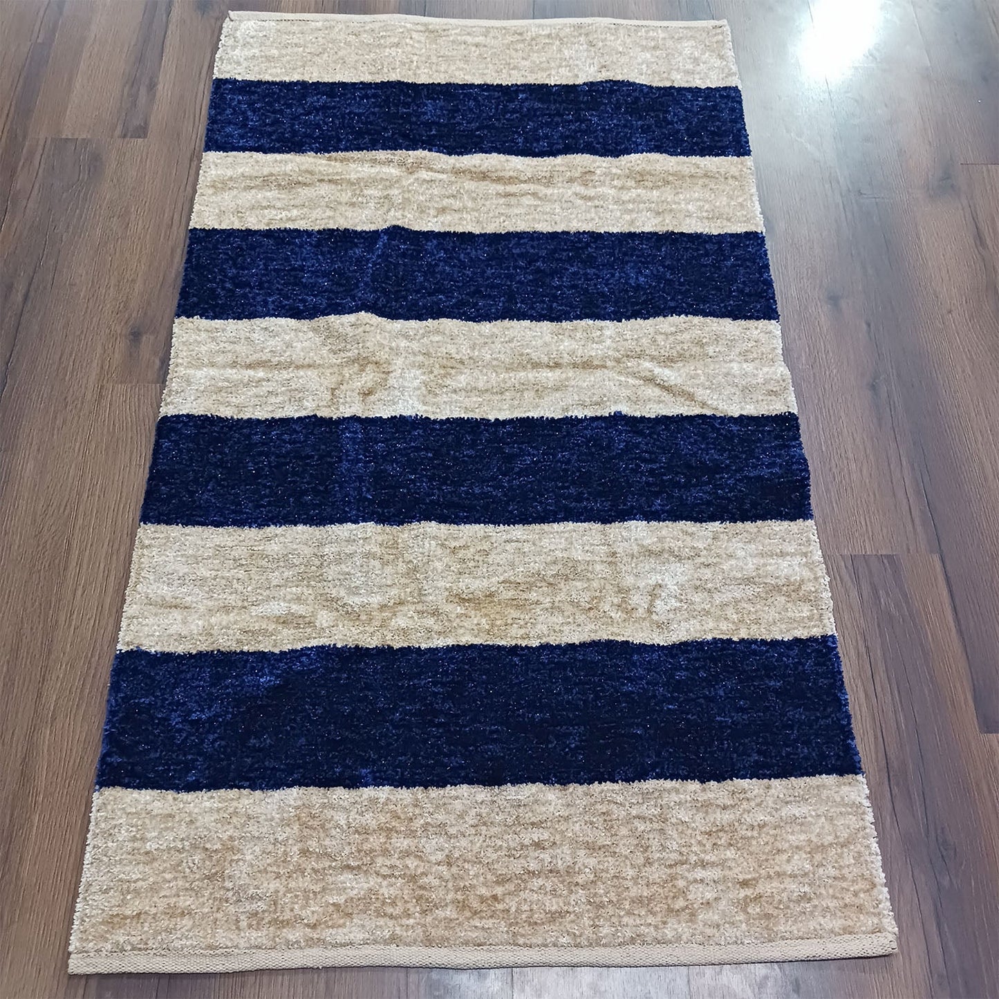 Avioni Handloom Rugs | Master Artisans Work | Feather like Luxurious Silk Soft Touch | Home Washable | Blue and White Broad stripes | Reversible