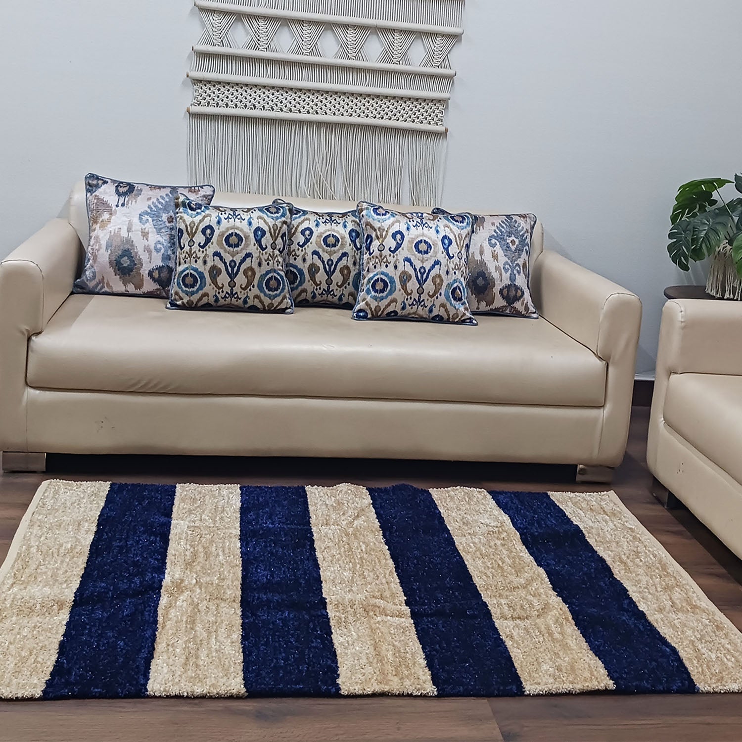Avioni Handloom Rugs | Master Artisans Work | Feather like Luxurious Silk Soft Touch | Home Washable | Blue and White Broad stripes | Reversible-90cm x 150cm (~3Feet x 5Feet)