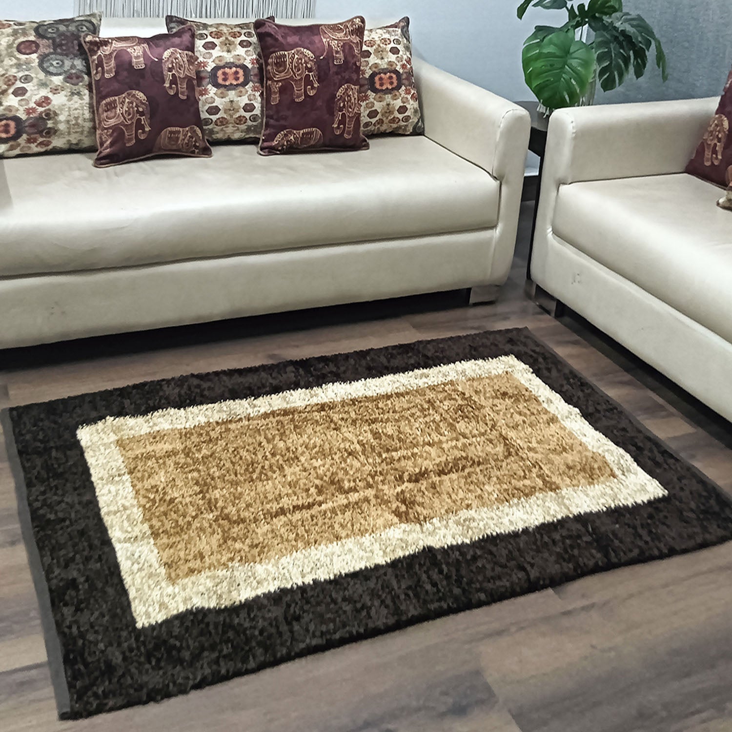 Avioni Handloom Cut Shuttle Rugs by Master Artisans | Feathers like Luxurious Silk Soft Touch  | Home Washable | Double Border in Coffee And Beige | For Living Room Made Reversible - 90cm x 150cm (~3feet x 5feet)