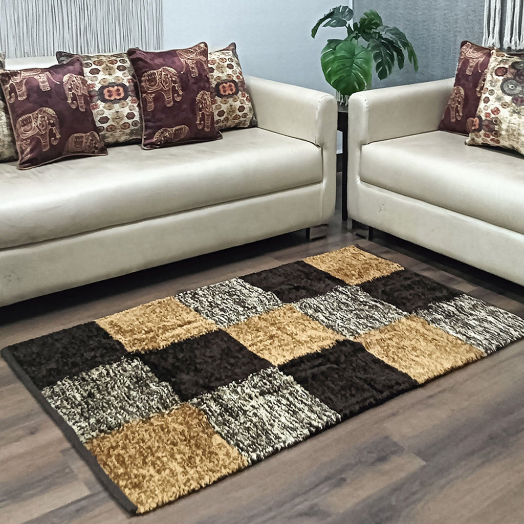 Avioni Handloom Cut Shuttle Rugs by Master Artisans | Feather like Luxurious Silk Soft Touch | Home Washable | Coffee, Gold Beige and White | Reversible - 90cm x 150cm (~3Feet x 5Feet)