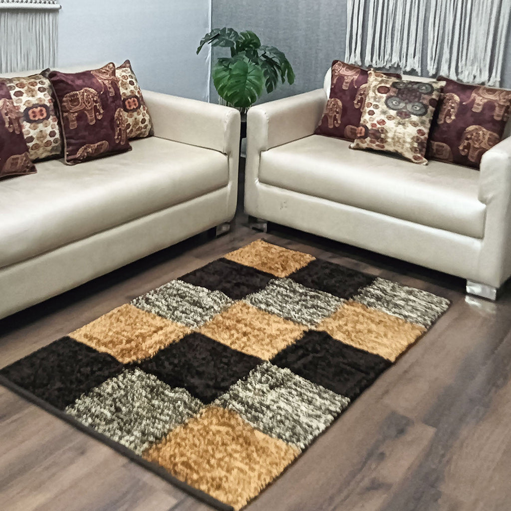 Avioni Handloom Cut Shuttle Rugs by Master Artisans | Feather like Luxurious Silk Soft Touch | Home Washable | Coffee, Gold Beige and White | Reversible - 90cm x 150cm (~3Feet x 5Feet)