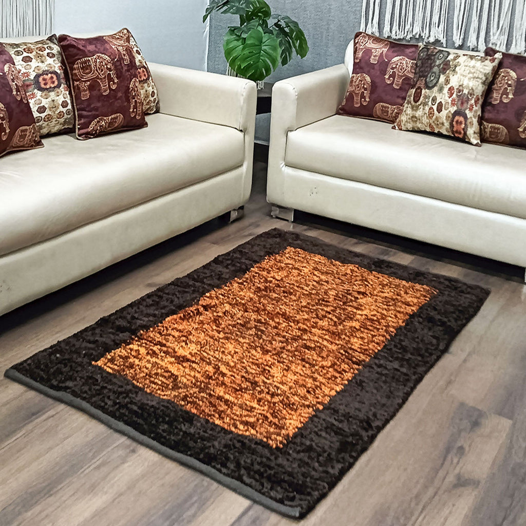 Avioni Handloom Cut Shuttle Rugs | Master Artisans Work | Feather like Luxurious Silk Soft Touch | Home Washable | Coffee and Gold Yellow | Reversible-90cm x 150cm (~3Feet x 5Feet)