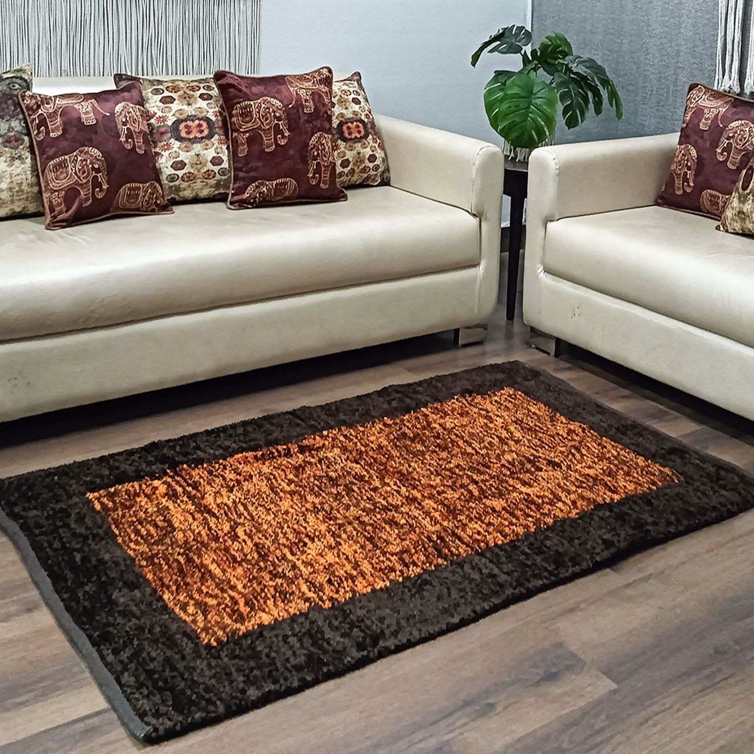 Avioni Handloom Cut Shuttle Rugs | Master Artisans Work | Feather like Luxurious Silk Soft Touch | Home Washable | Coffee and Gold Yellow | Reversible-90cm x 150cm (~3Feet x 5Feet)