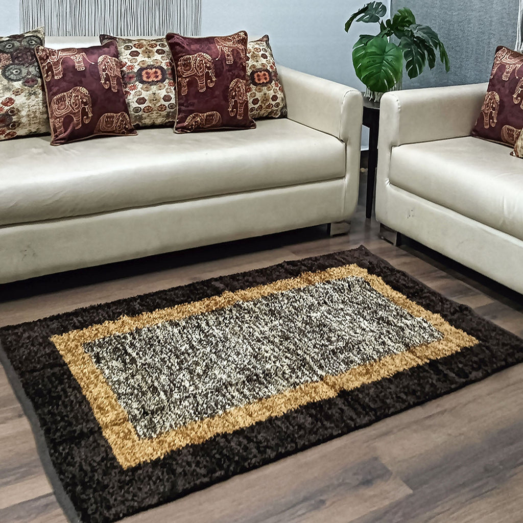 Avioni Handloom Cut Shuttle Rugs | Master Artisans Work | Feather like Luxurious Silk Soft Touch | Home Washable | Coffee, Gold Beige and White | Reversible - 90cm x 150cm (~3Feet x 5Feet)