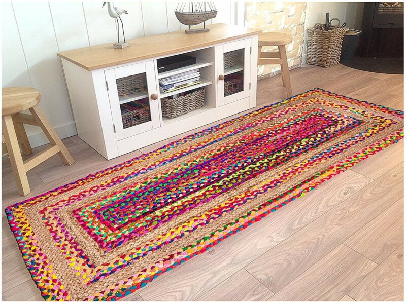 Braided Rug in Ecofriendly Recycled Cotton Chindi and Jute – Colorful Contemporary Design – Perfect for Hallway or Bedside – 55cm x 137cm (~22″ x 55″) – Avioni