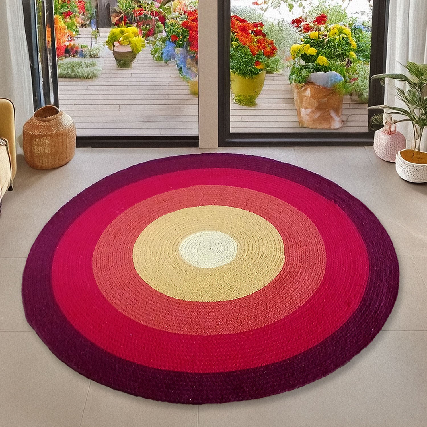 Avioni Cotton Braided Rising Sun Area Rug ; 120CMS (Diameter) round rug “Nature Collection” Specially designed for festive season, Handmade by Skilled Artisan, Cotton Rich Vibrant
