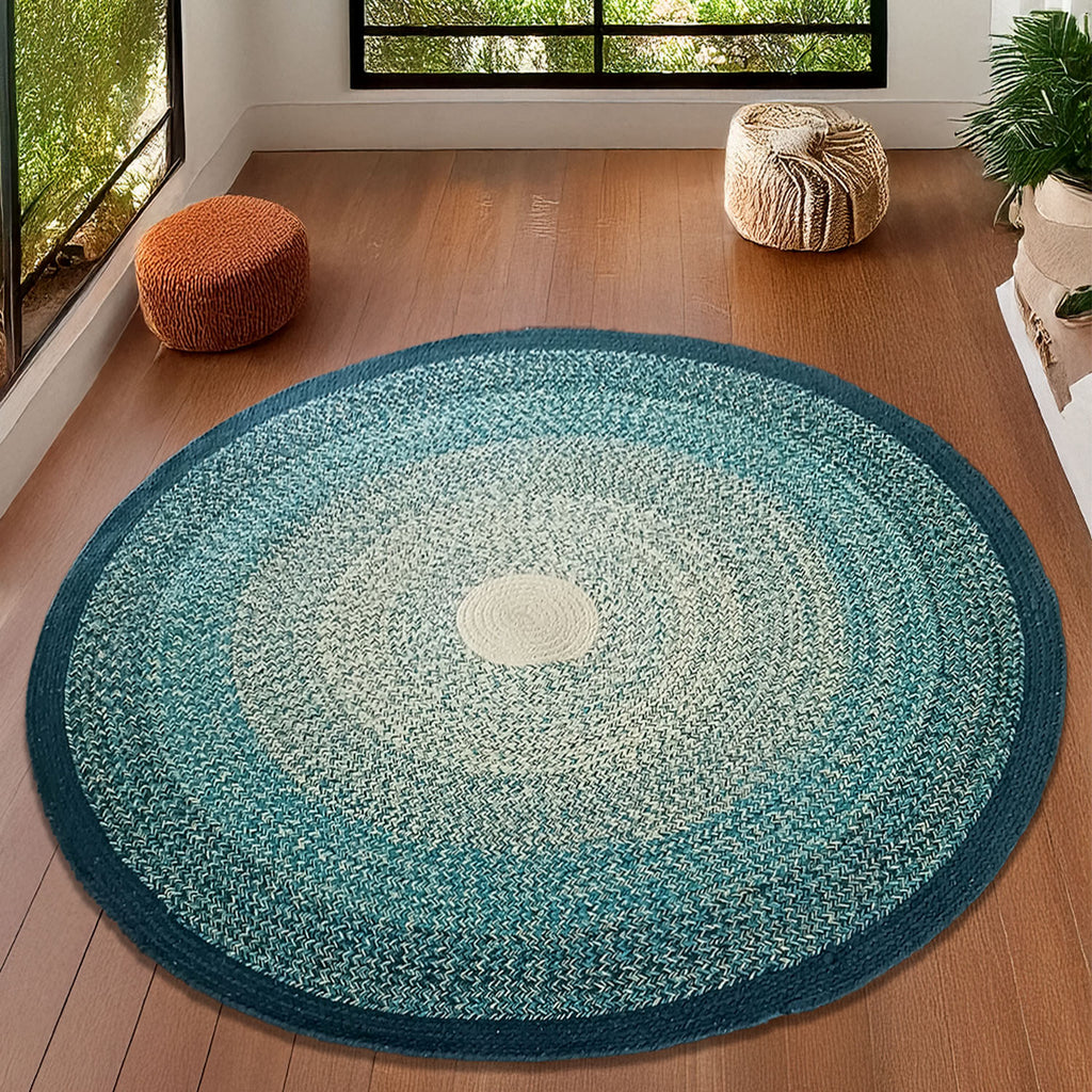 Avioni Cotton Braided Gradient Green Mountain Forest Rug ; 140CMS (Diameter) round rug “Nature Collection” Specially designed for festive season, Handmade by Skilled Artisan, Cotton Rich Vibrant