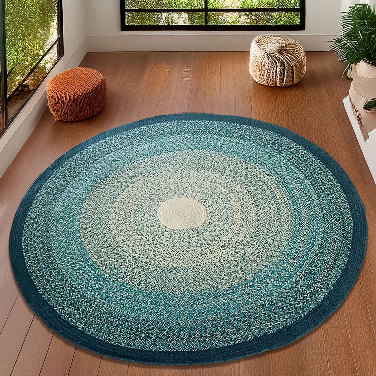 Avioni Cotton Braided Gradient Green Mountain Forest Rug ; 140CMS (Diameter) round rug “Nature Collection” Specially designed for festive season, Handmade by Skilled Artisan, Cotton Rich Vibrant
