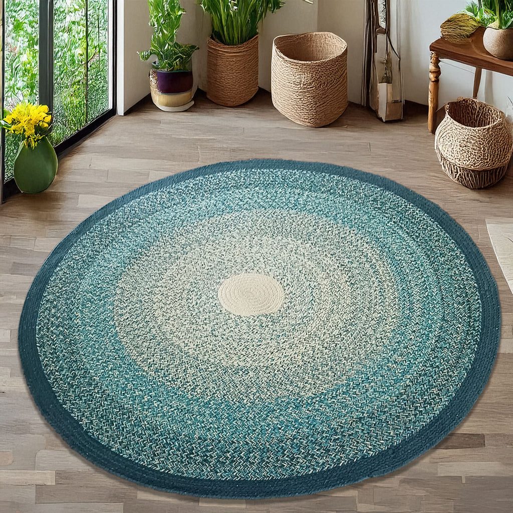Avioni Cotton Braided Gradient Green Mountain Forest Rug ; 140CMS (Diameter) round rug “Nature Collection” Specially designed for festive season, Handmade by Skilled Artisan, Cotton Rich Vibrant