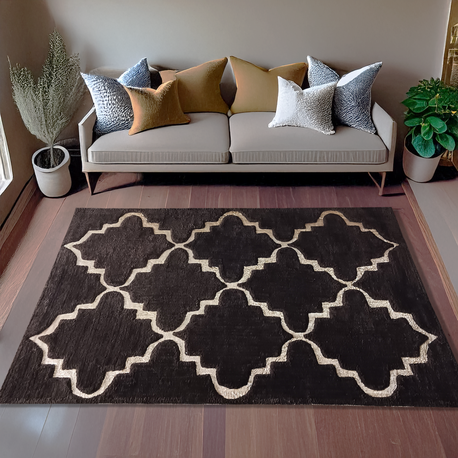 Avioni Divine Collection | Luxury Golden Touch With Coffee Moroccan Design Soft And Plush Handmade Living Room Rugs | Different Sizes | Carpet for Living Room