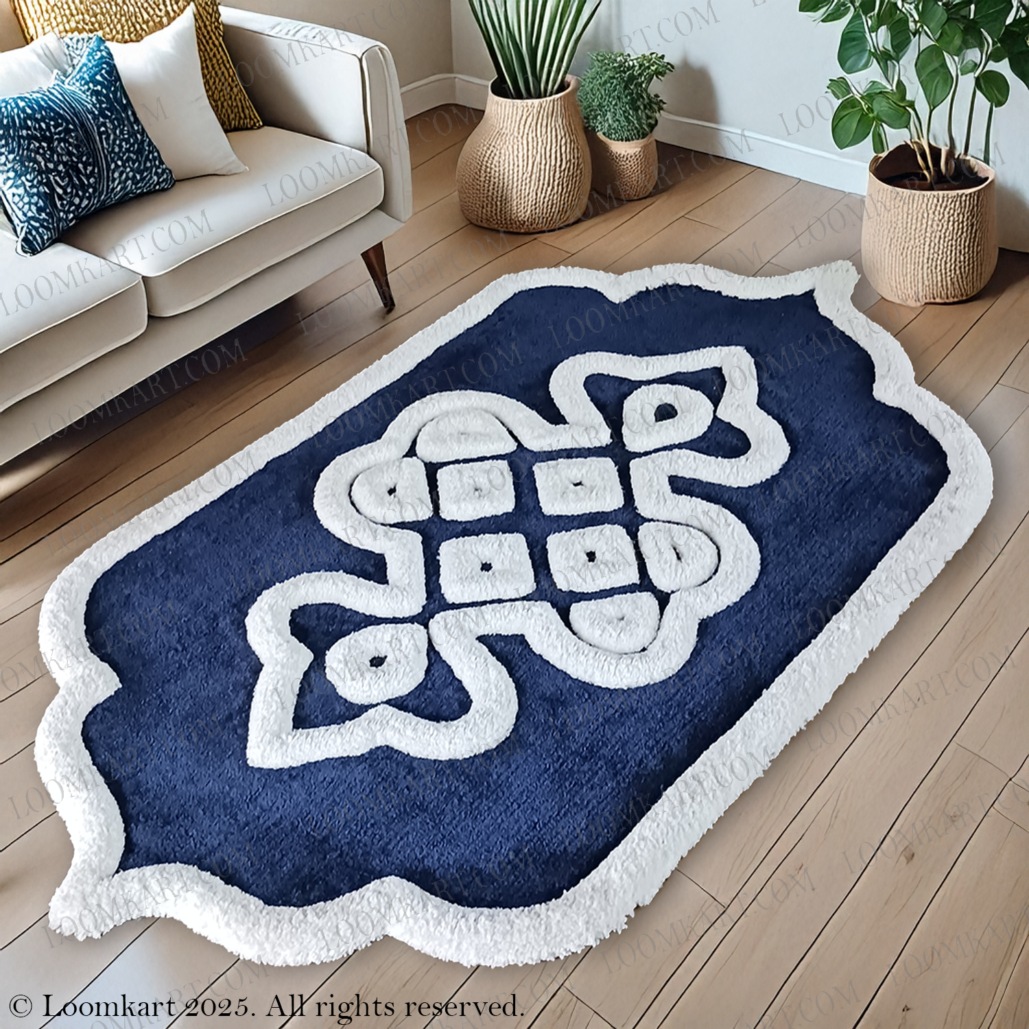Avioni Luxury Collection- Plush Luxury Navy and White 3D Border Carpet for Living / Bed Room