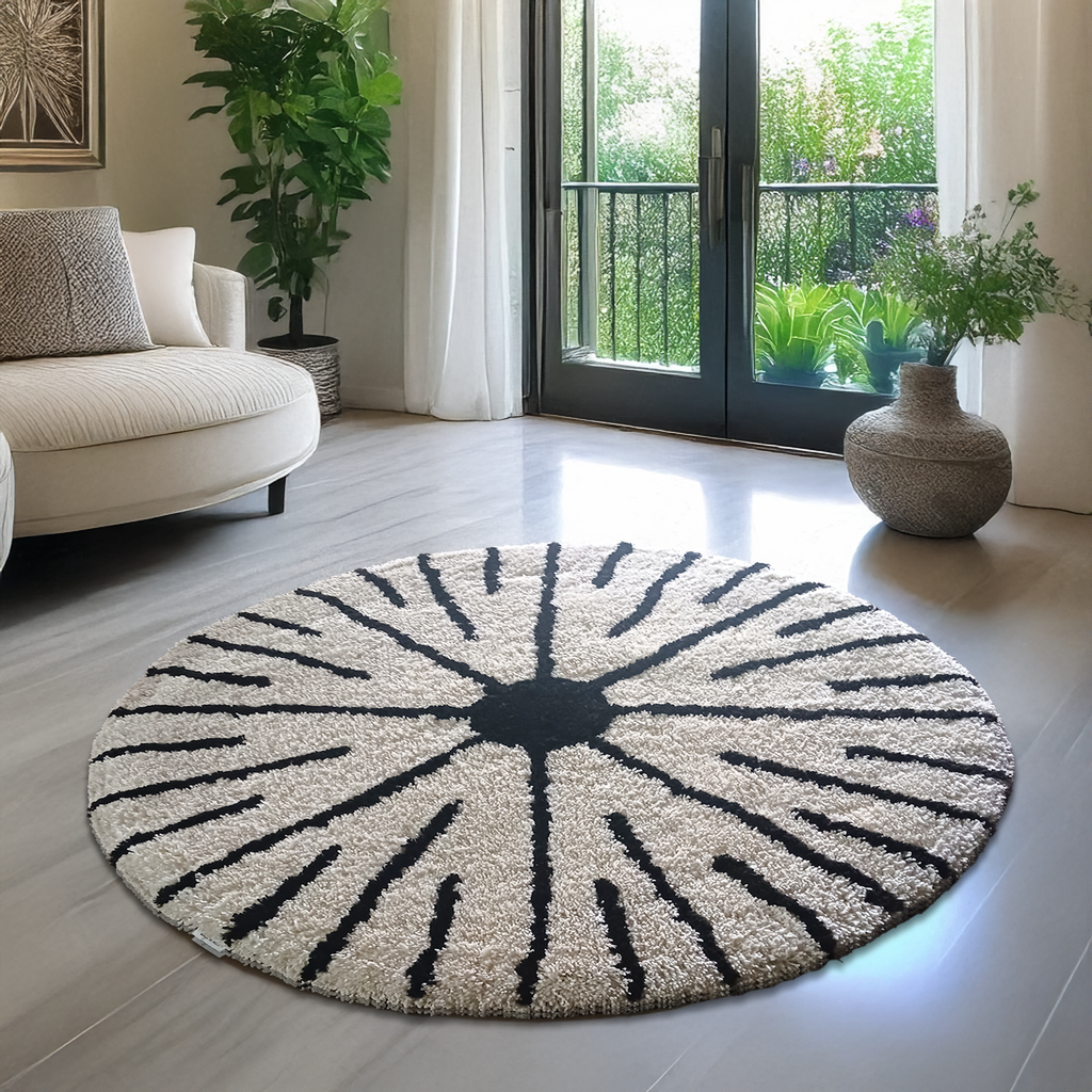 Avioni Home Atlas Collection - Moroccan Style Microfiber Round Carpet In White & Black| Soft, Non-Slip, Easy to Clean