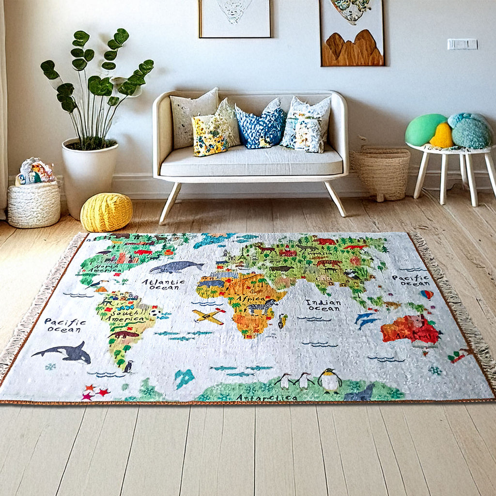 Silk Carpet Kids Collection – World Map In Kids Room Rug – Avioni