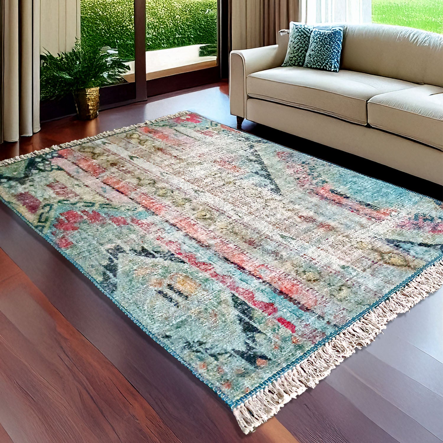 Avioni Faux Silk Carpet – Ethnic Distressed Living Room Rug – Loomkart