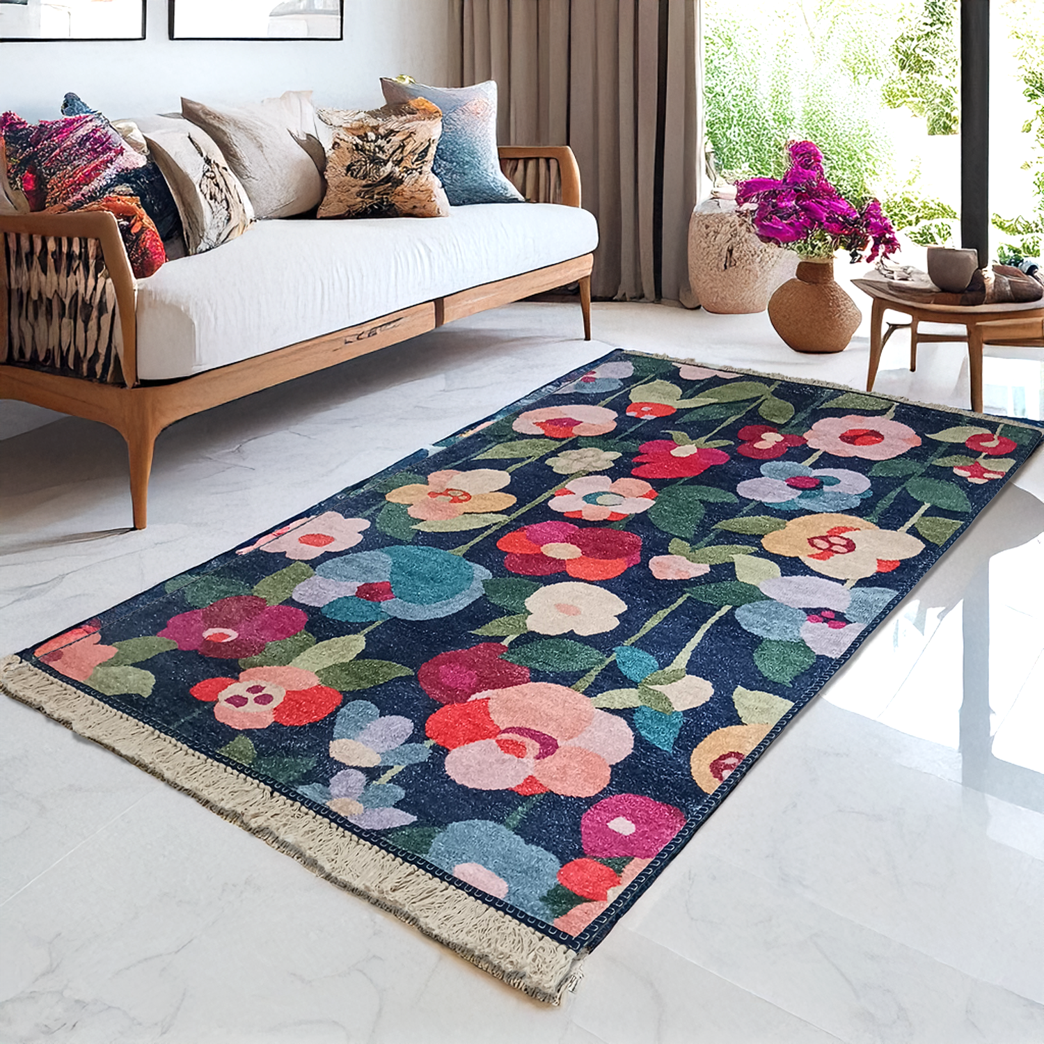 Silk Carpet Modern Blooming Flowers Design – Living Room Rug – Avioni