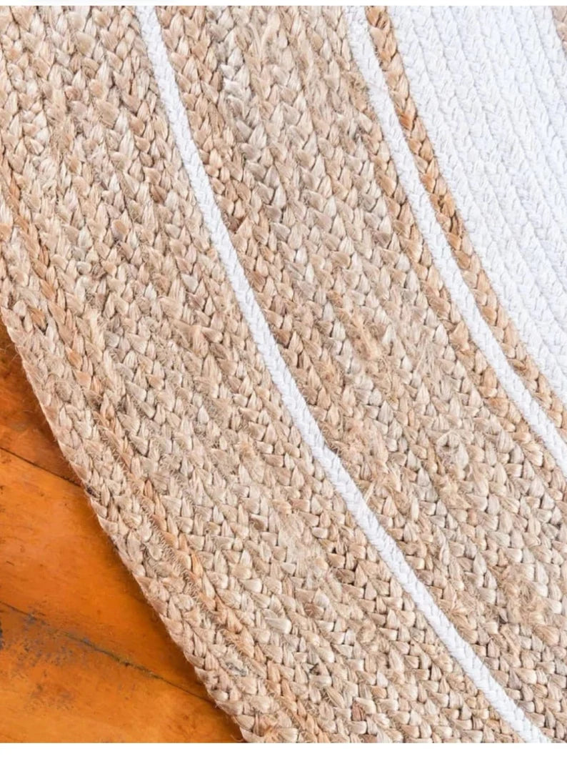 Jute (Natural and Bleached Jute) Handmade Braided Oval Shaped Rugs | Natural & White Double Border Jute Area Rug | Avioni- Premium Collection